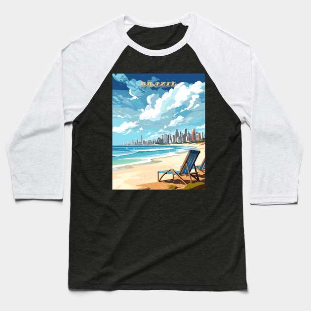 Brazilian Beach with chair Travel Art Print Baseball T-Shirt by TripleTravelArt